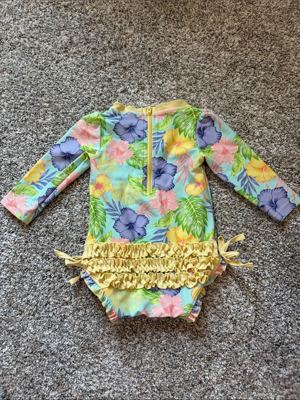 Ruffle Butts Yellow, Blue, Pink Tropical Floral Long-Sleeve Baby Swimsuit
